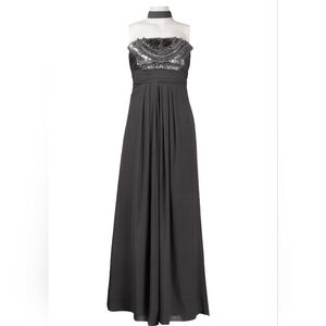 Theia Strapless Embroidered Bodice Empire Waist Silk Chiffon Long Dress
